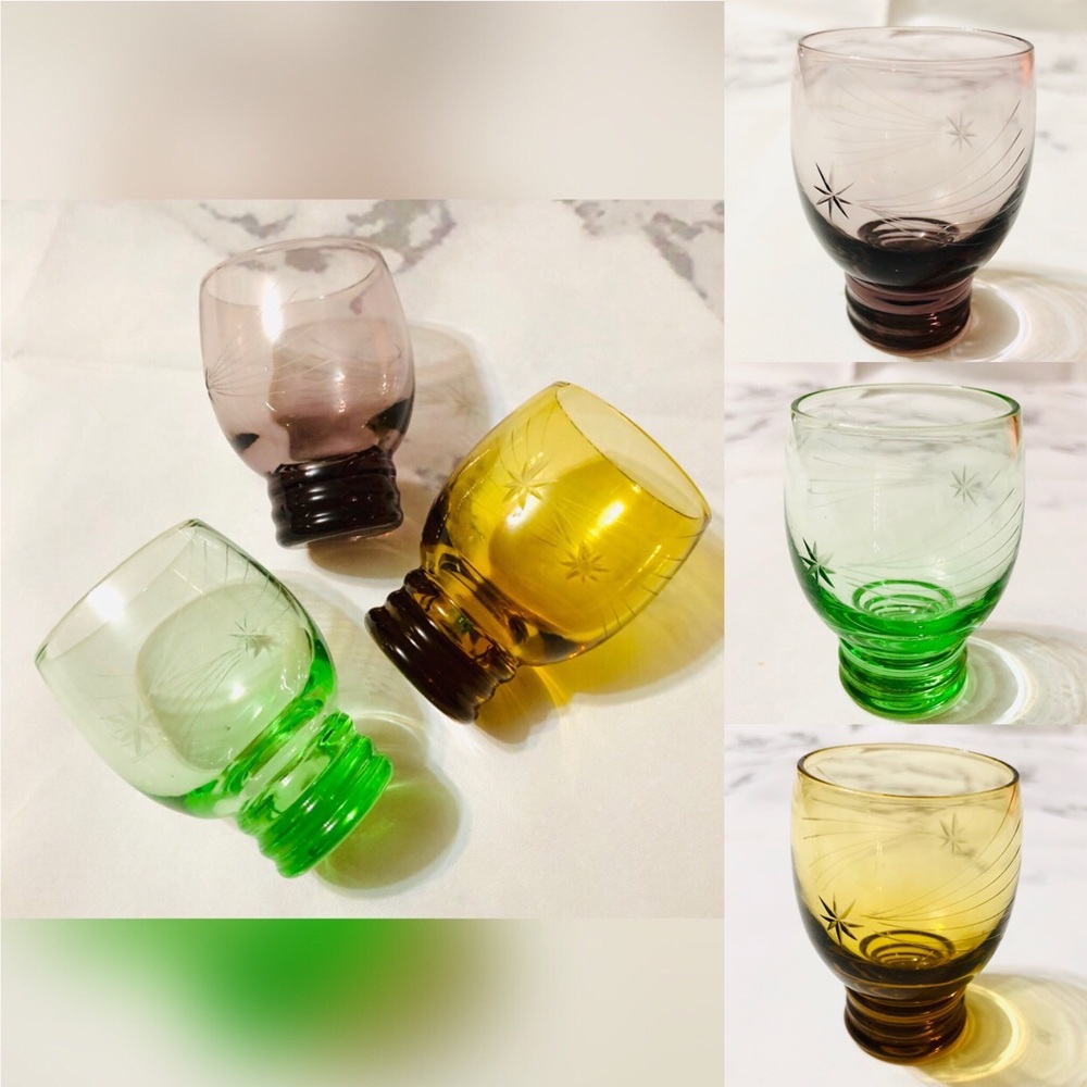 VTG Trio of Etched Depression Era Shot Glasses